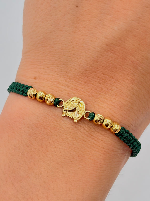 Pulsera tejida herradura caballo 4BD #4 2BL #4 hilo verde Oro amarillo 18k 0,85 Gr