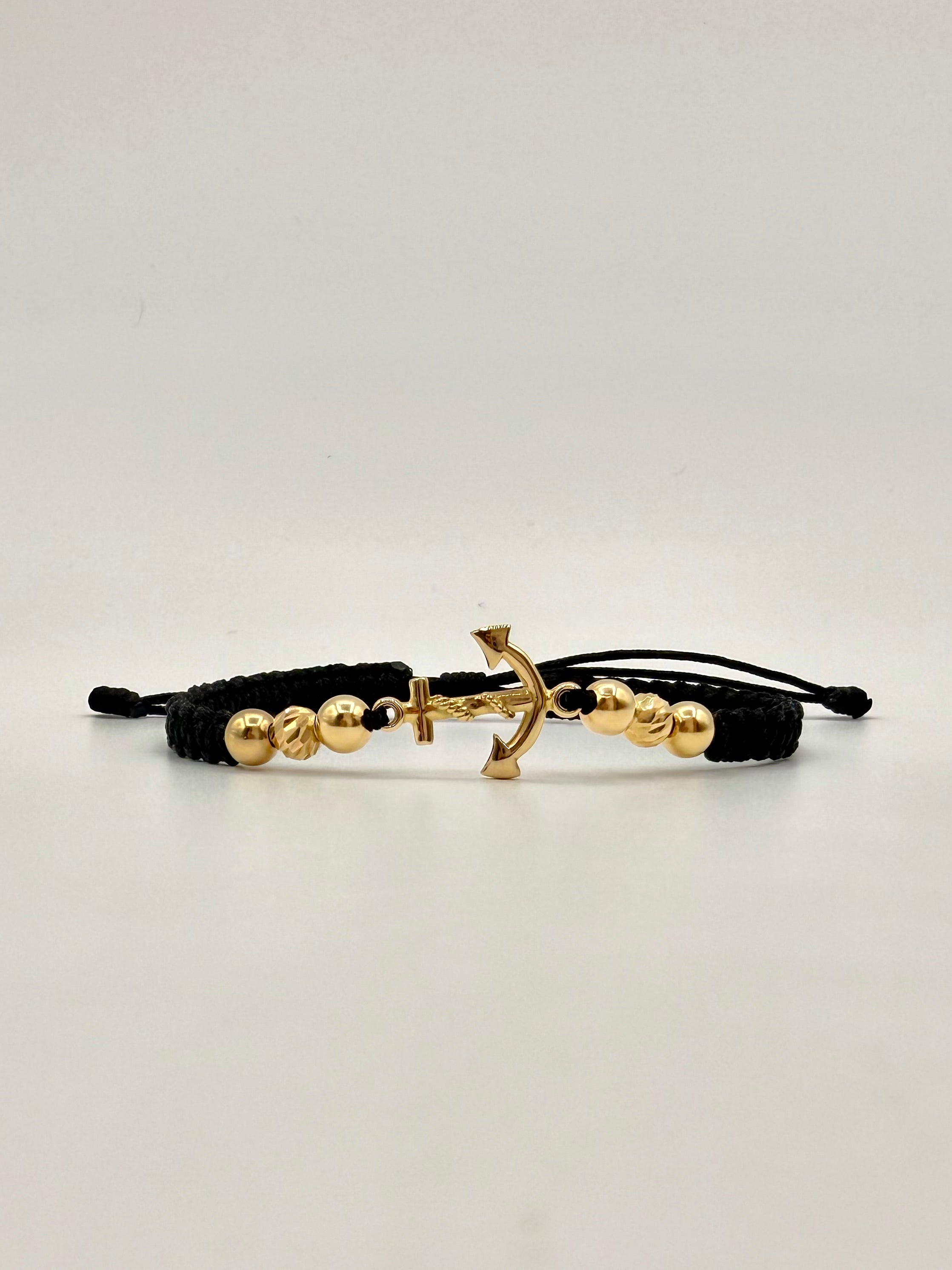 Pulsera tejida herraje ancla 4BL #5 2BD #5 hilo negro Oro amarillo 18k 2,0 Gr
