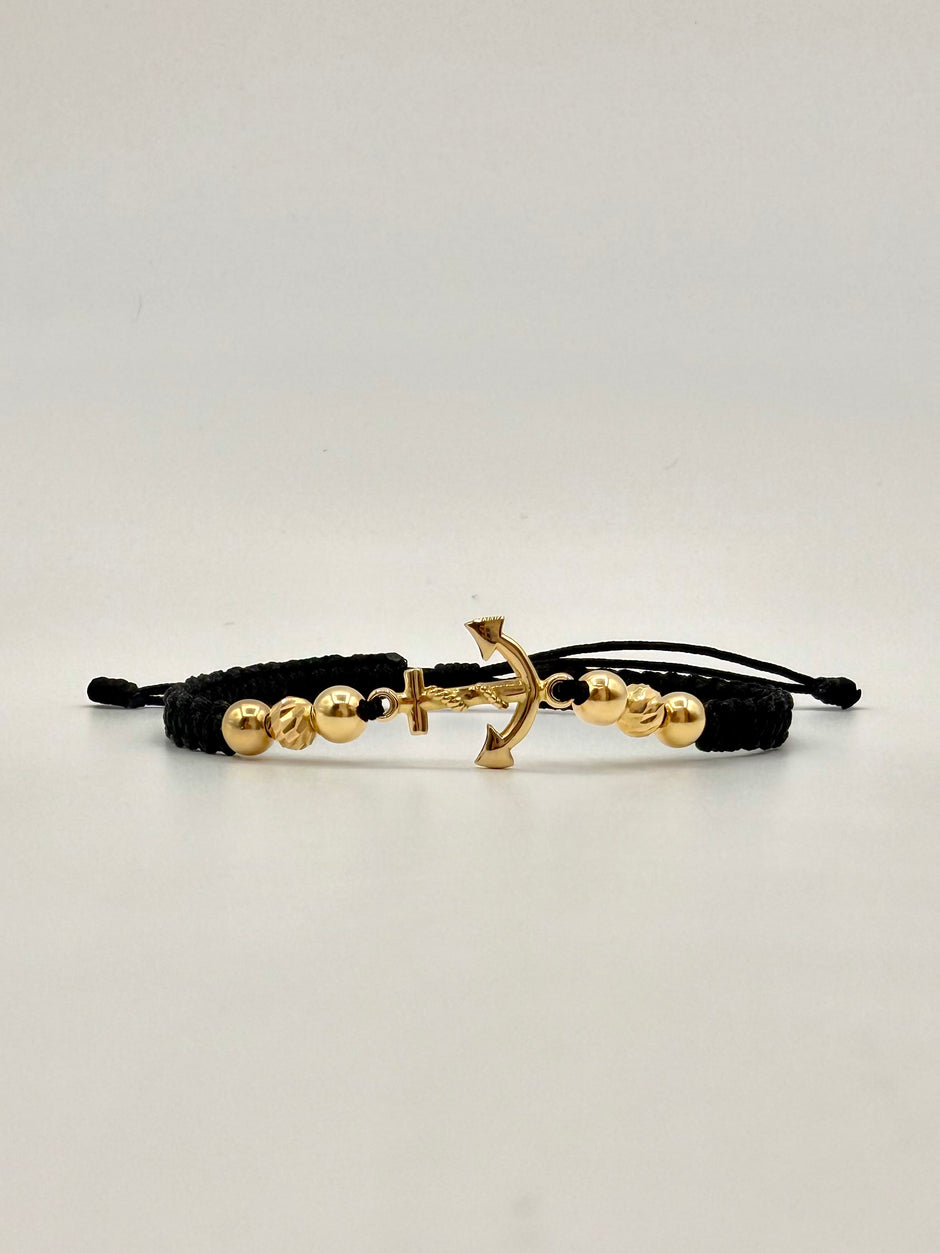 Pulsera tejida herraje ancla 4BL #5 2BD #5 hilo negro Oro amarillo 18k 2,0 Gr