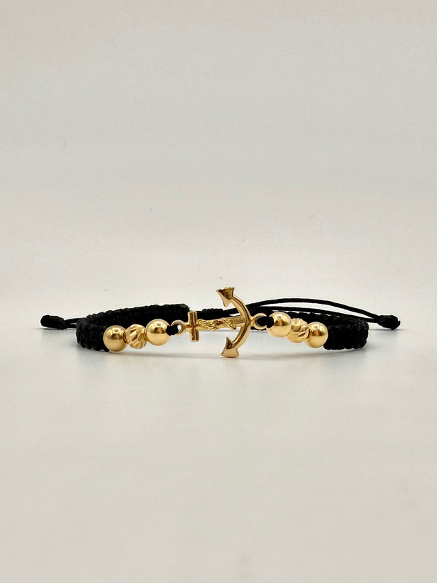 Pulsera tejida herraje ancla 4BL #5 2BD #5 hilo negro Oro amarillo 18k 2,0 Gr
