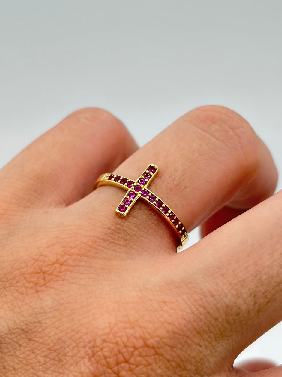 Anillo cruz circones fucsia Oro amarillo 18k / Talla 7 / 1,57 Gr