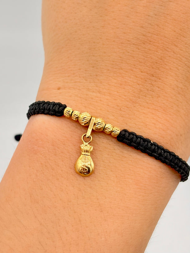 Pulsera tejida dije bolsa dinero 4BD #3 2BD #4 hilo negro Oro amarillo 18k 0,58 Gr