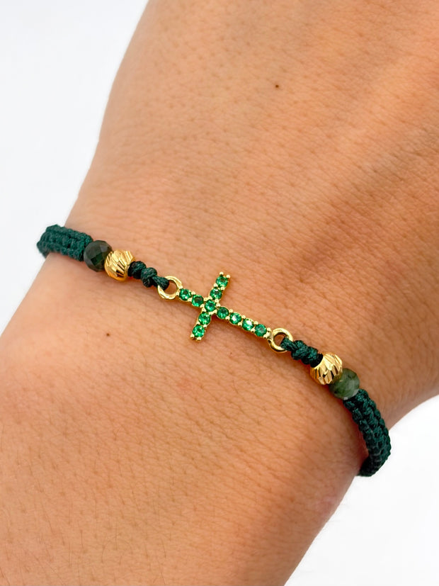 Pulsera tejida herraje cruz circones verdes 2BD #4 hilo verde Oro amarillo 18k 0,78 Gr