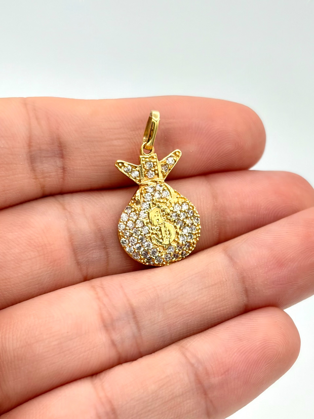 Dije Bolsa de dinero circones blancos  Oro amarillo 18k 2,35 Gr / 1,5 Cm