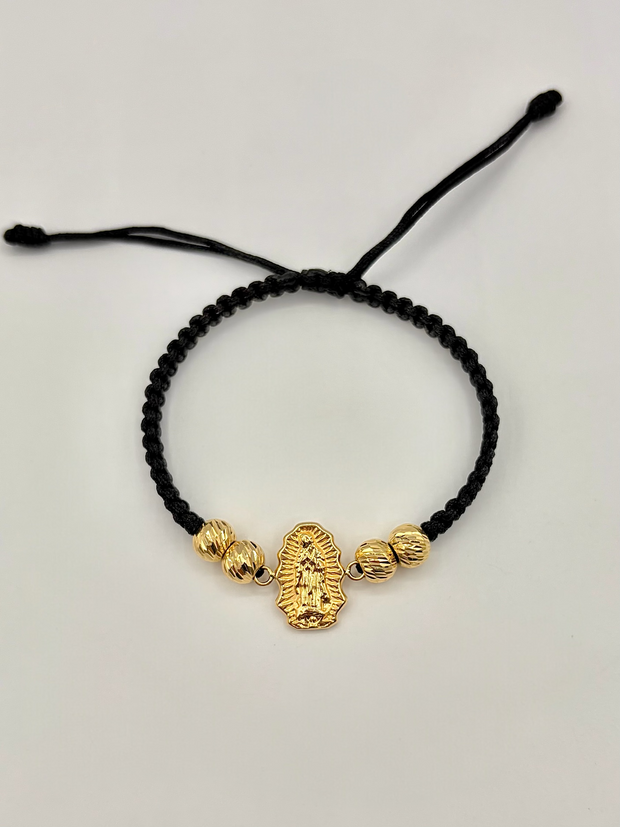 Pulsera tejida herraje virgen de guadalupe 4BD #7 hilo negro Oro amarillo 18k 2,05 Gr