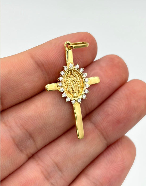 Dije cruz virgen circones blancos Oro amarillo 18k 2,31 Gr / 3,5 Cm
