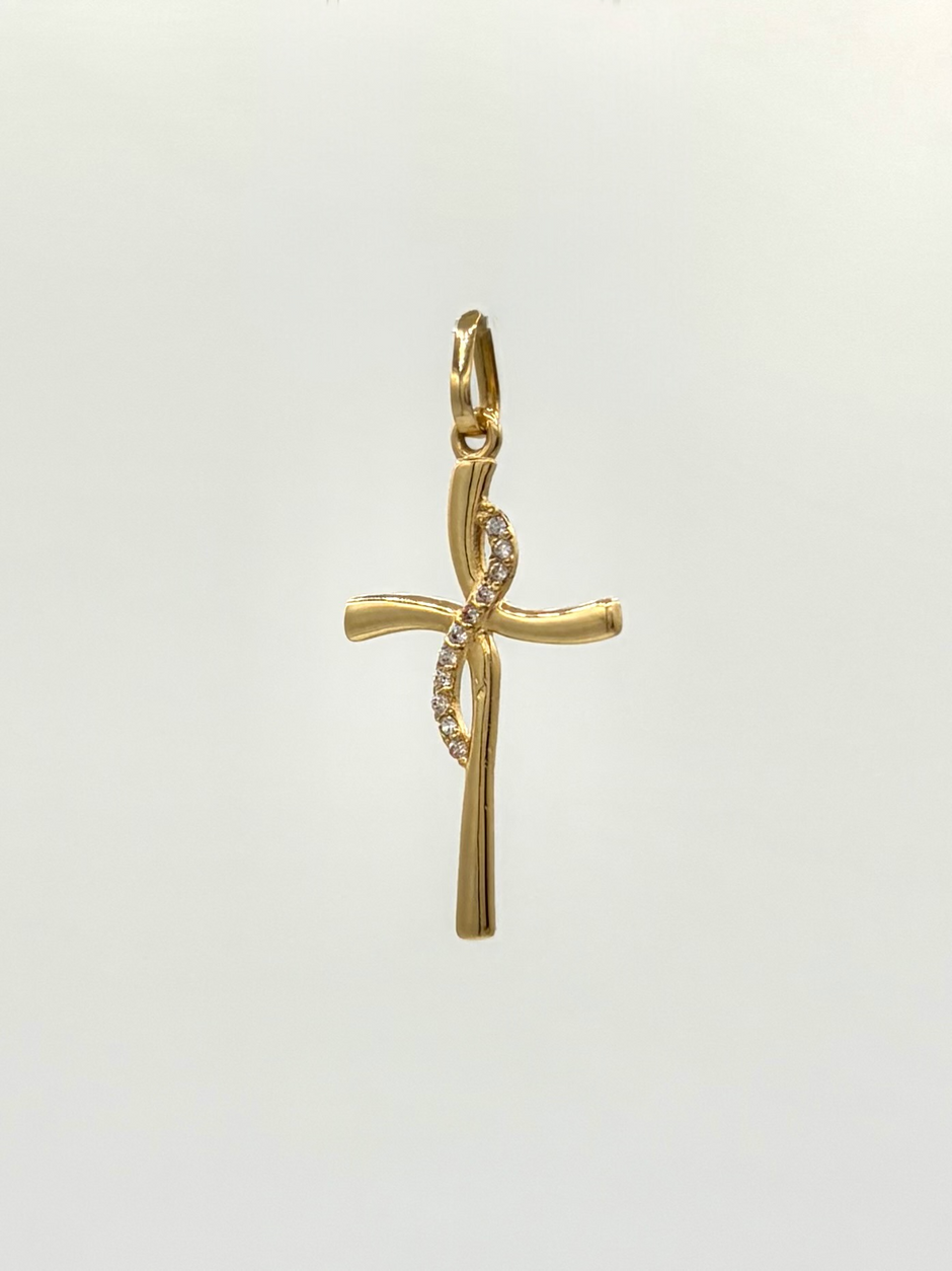Dije cruz curva circones blancos Oro amarillo 18k 0,94 Gr / 2,5 Cm