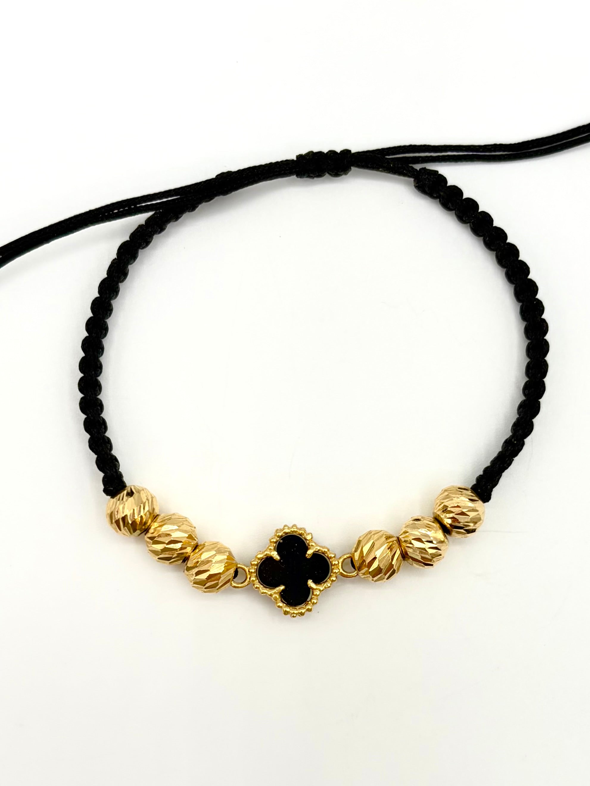 Pulsera tejida herraje trebol negro 6BD #6 hilo negro Oro amarillo 18k 2,50 Gr