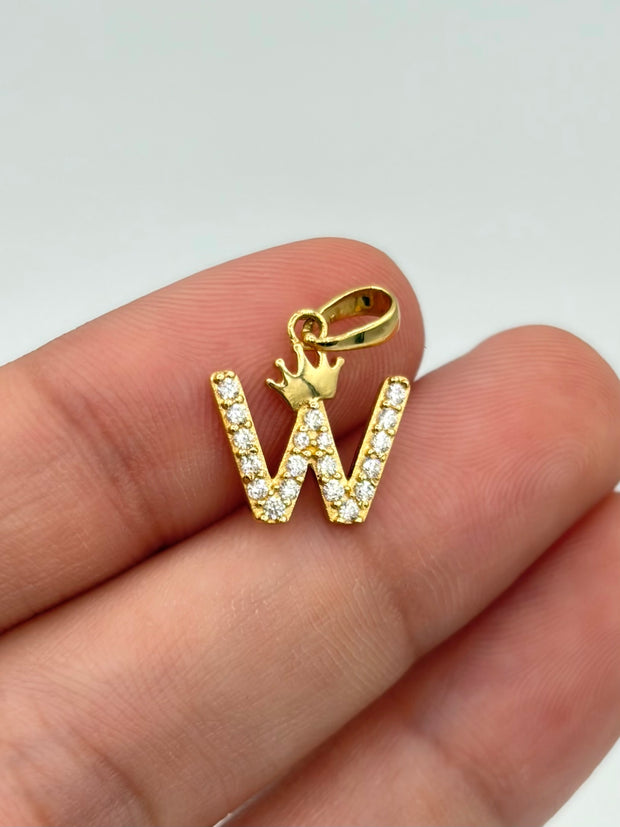 Dije Inicial W circones blancos corona  Oro amarillo 18k 0,99 Gr / 1,2 Cm
