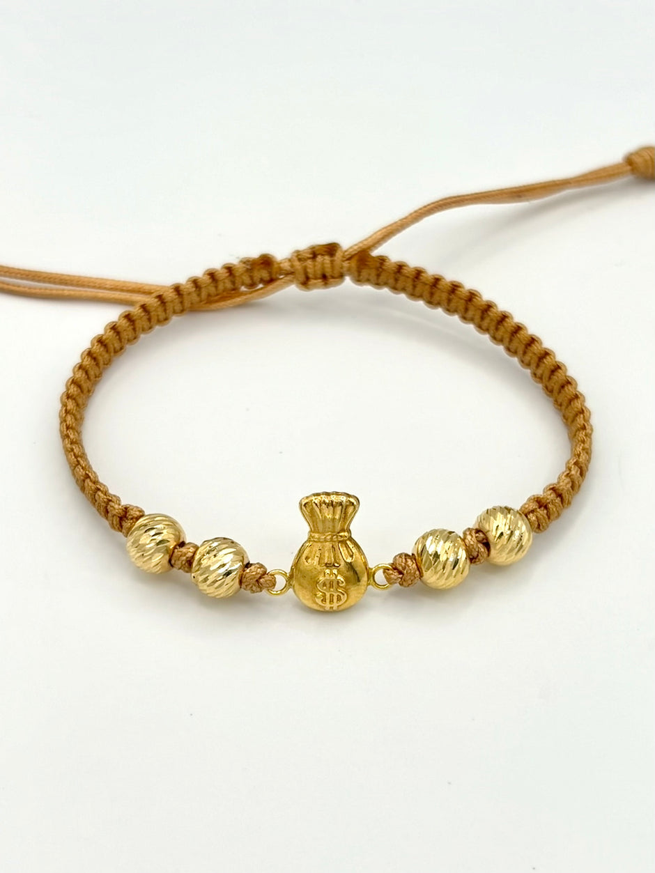 Pulsera tejida herraje bolsa dinero 4BD #6 hilo beige Oro amarillo 18k 1,01 Gr