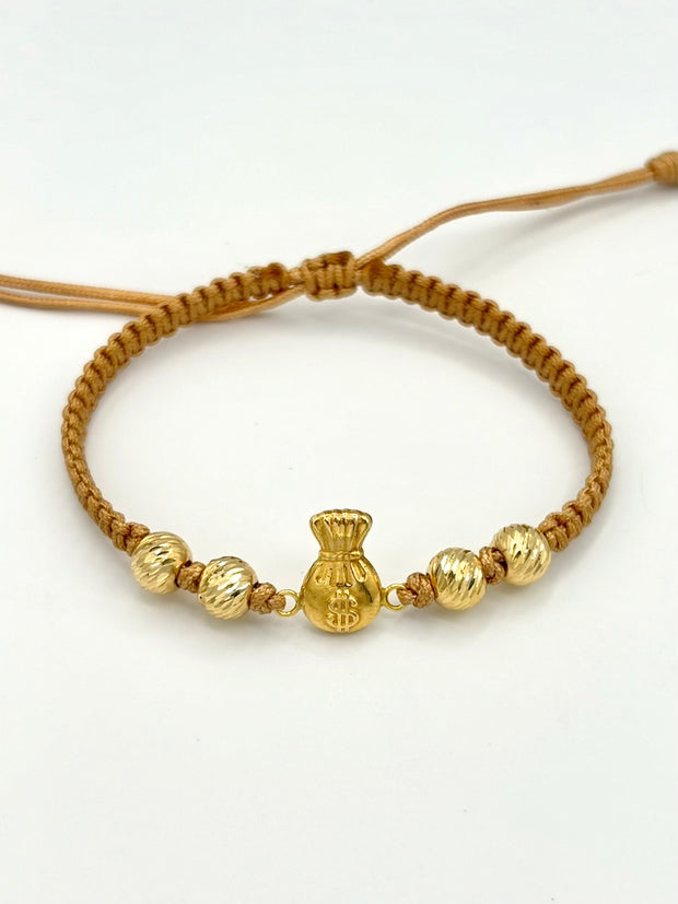 Pulsera tejida herraje bolsa dinero 4BD #6 hilo beige Oro amarillo 18k 1,01 Gr