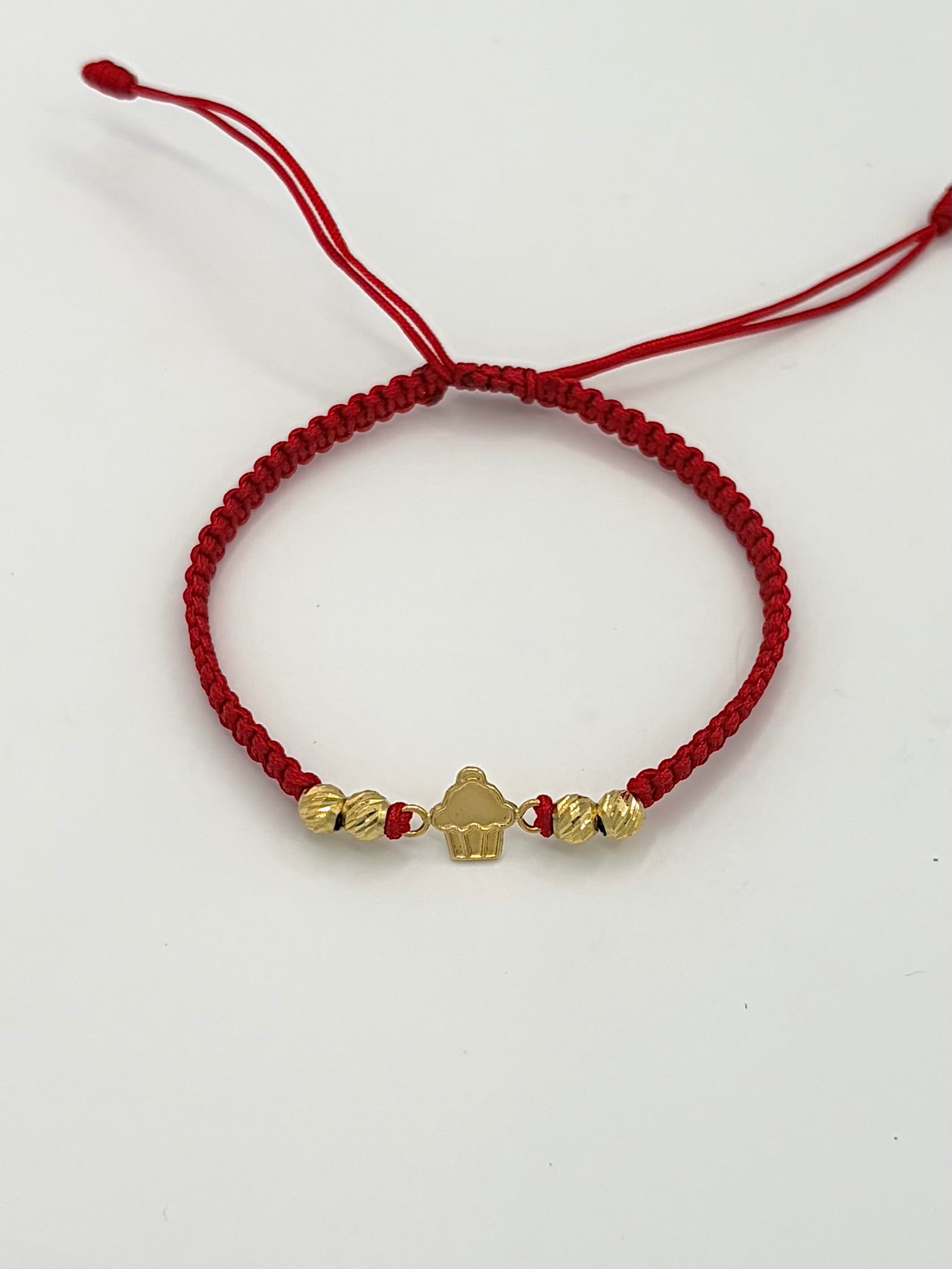 Pulsera tejida herraje cupcake 4BD #4 hilo rojo Oro amarillo 18k 0,25 Gr