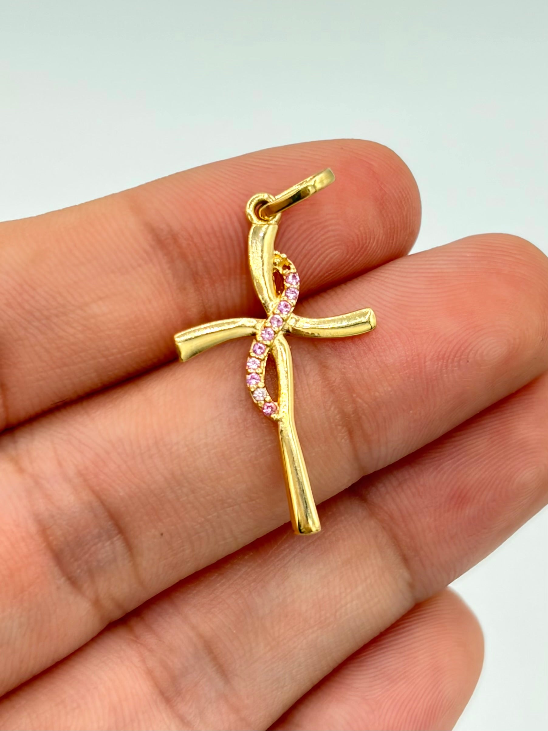 Dije cruz curva circones rosados Oro amarillo 18k 1,14 Gr / 2,9 Cm