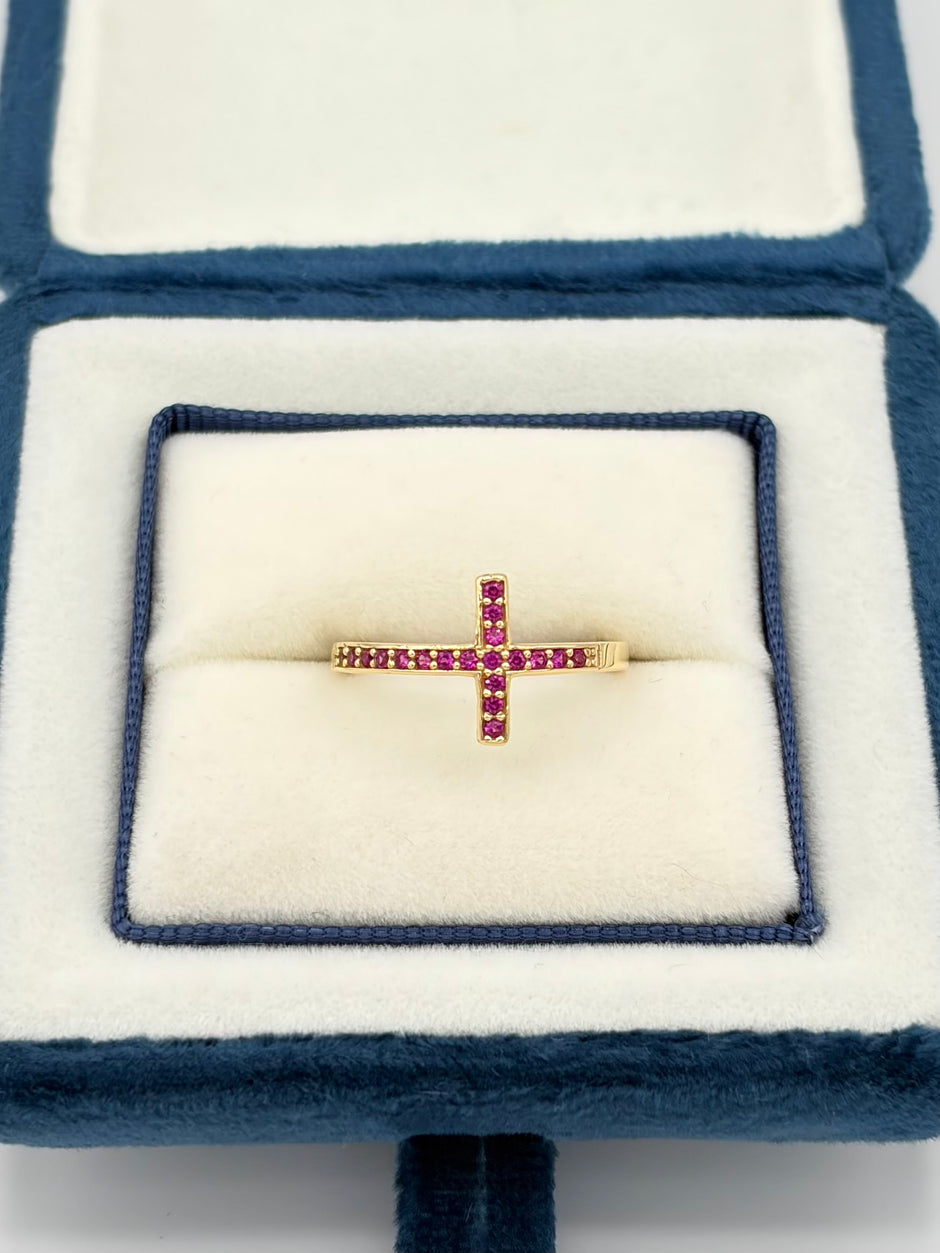 Anillo cruz circones fucsia Oro amarillo 18k / Talla 7 / 1,57 Gr