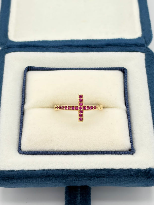 Anillo cruz circones fucsia Oro amarillo 18k / Talla 7 / 1,57 Gr