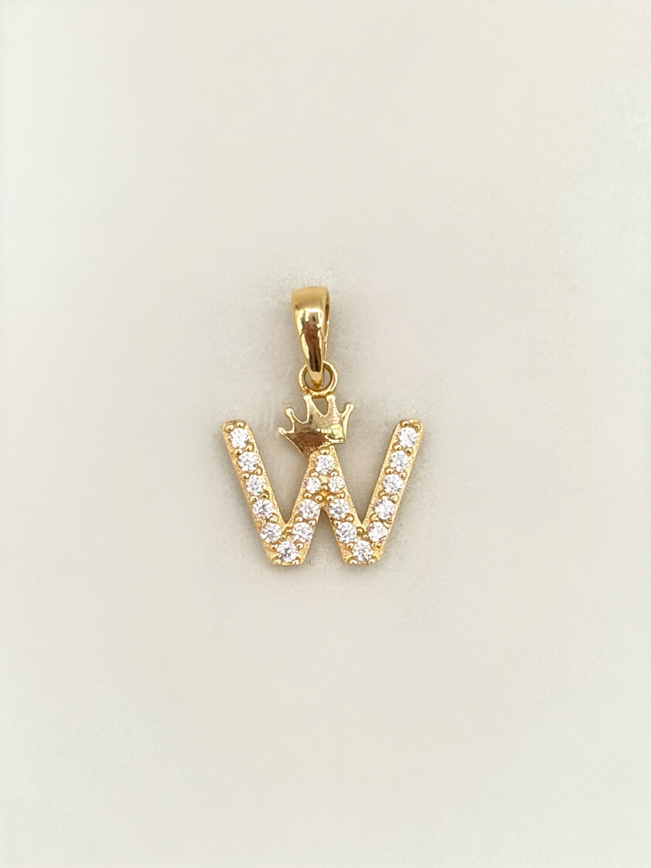 Dije Inicial W circones blancos corona  Oro amarillo 18k 0,99 Gr / 1,2 Cm