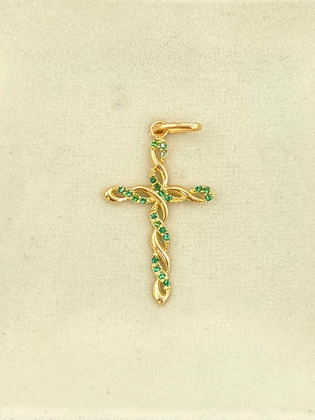 Dije cruz entrelazada circones verdes Oro amarillo 18k 1,20 Gr / 3,2 Cm