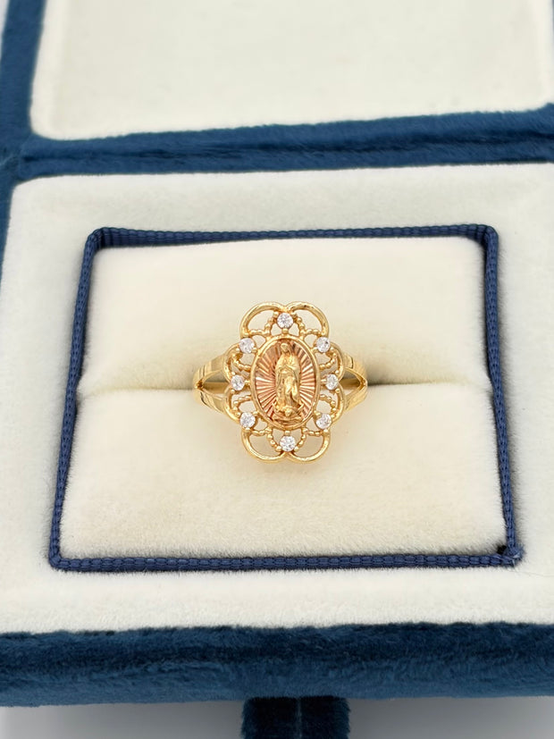 Anillo Virgen de guadalupe circones blancos  Oro amarillo y Oro rosa 18k / Talla 6 / 2,08 Gr