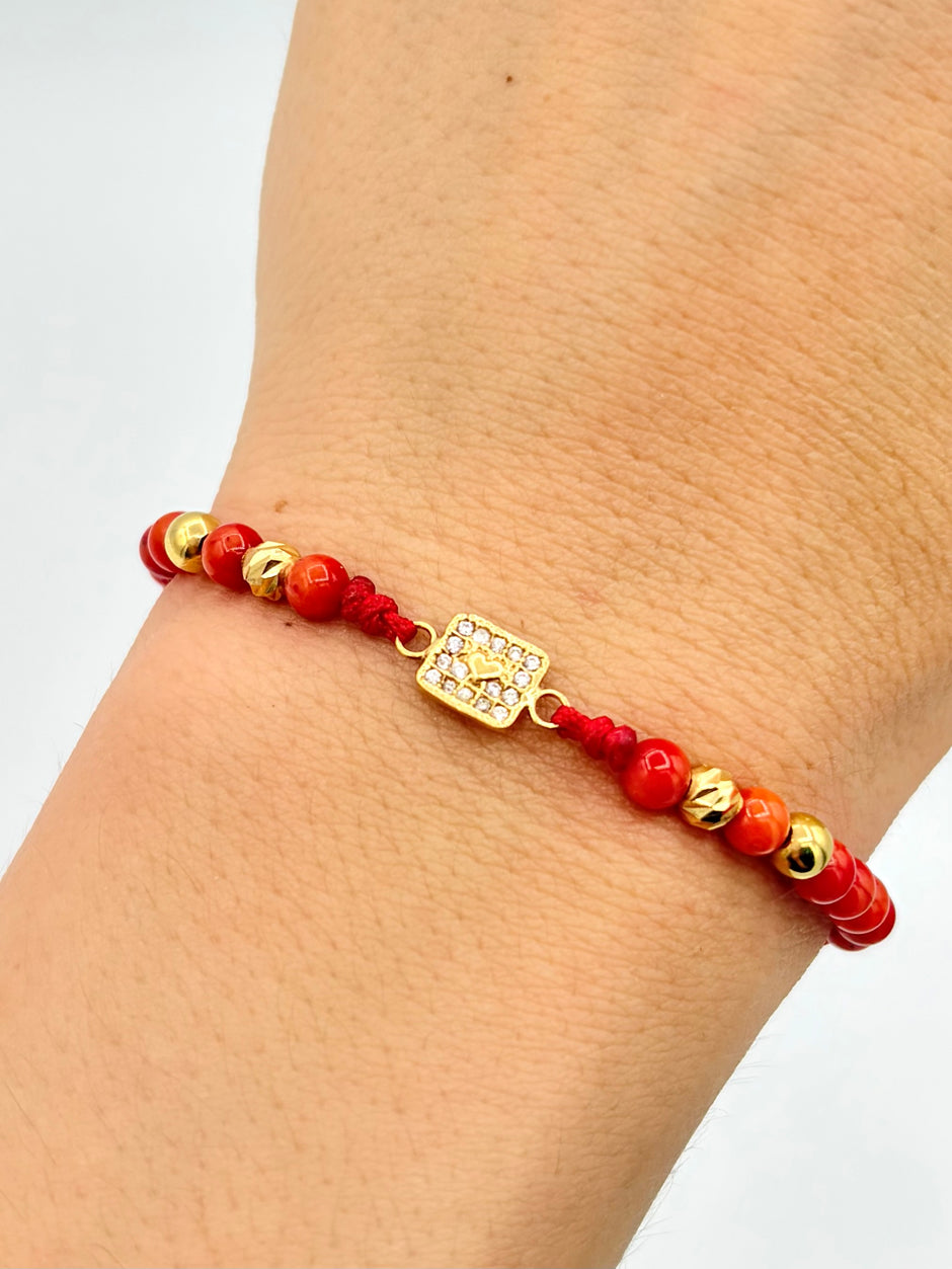Pulsera tejida herraje candado corazon 2BD #4 2BL #4 hilo rojo Oro amarillo 18k 1 Gr