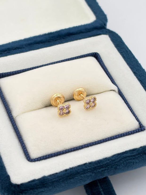 Topos trebol circones rosados  Oro amarillo 18k 1,09 Gr / 4 mm