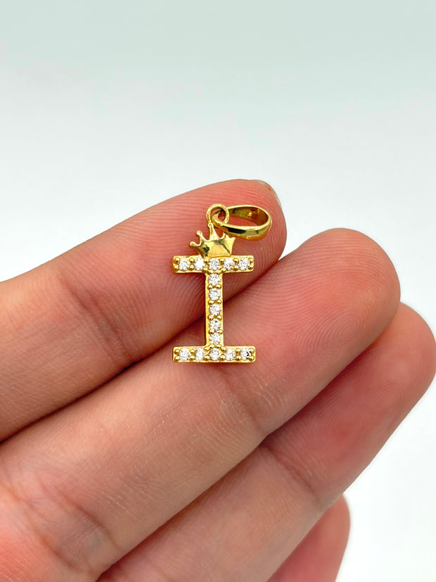 Dije Inicial I circones blancos corona Oro amarillo 18k 0,91 Gr / 1 Cm
