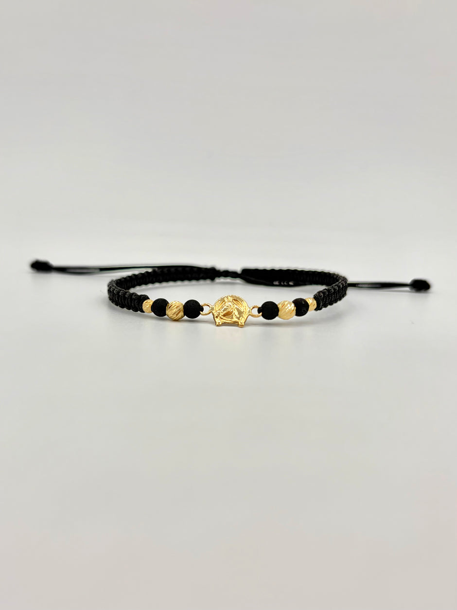 Pulsera tejida herraje herradura caballo 2BD #4 2BD #3 hilo negro  Oro amarillo 18k 0,65 Gr