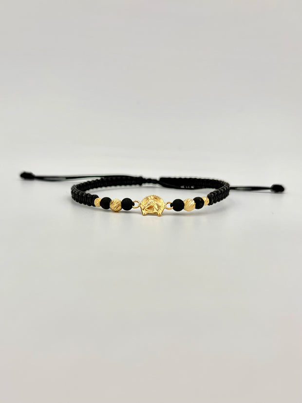 Pulsera tejida herraje herradura caballo 2BD #4 2BD #3 hilo negro  Oro amarillo 18k 0,65 Gr