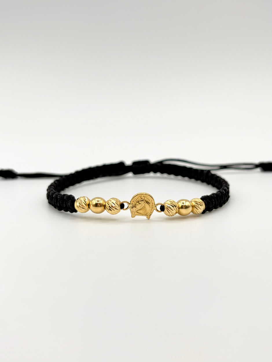 Pulsera tejida herradura caballo 4BD #5 2BL #2 hilo negro Oro amarillo 18k 1,11 Gr