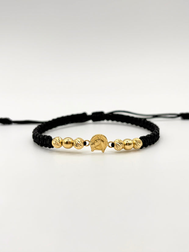 Pulsera tejida herradura caballo 4BD #5 2BL #2 hilo negro Oro amarillo 18k 1,11 Gr