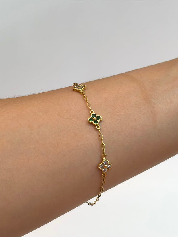 Pulso aro seguido trebol con circones verdes y blancos Oro amarillo 18k 2,30 Gr / 1,5 mm / 18,5 Cm Broche 0,15
