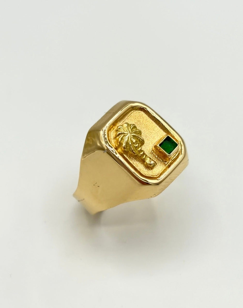 Anillo Troquelado palmera circon verde Oro amarillo 18k / Talla 9 / 3,55 Gr