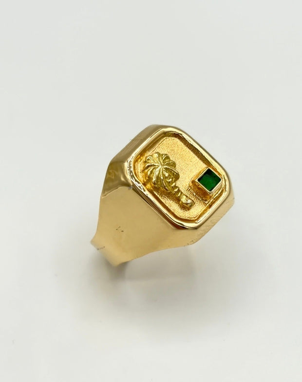 Anillo Troquelado palmera circon verde Oro amarillo 18k / Talla 9 / 3,55 Gr