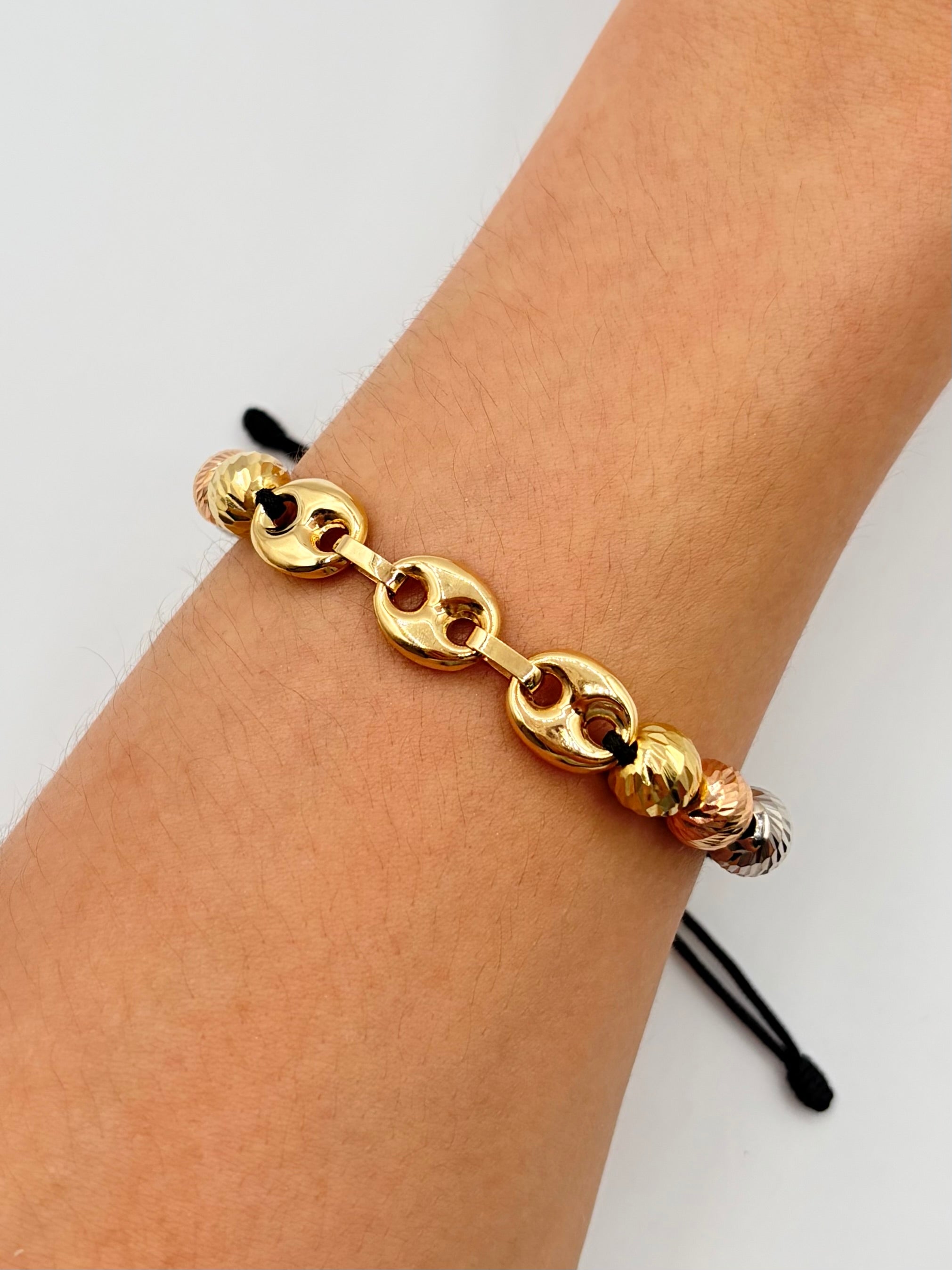 Pulsera tejida 3 eslabones grandes 6BD #8  Tres oros 18k 4 Gr