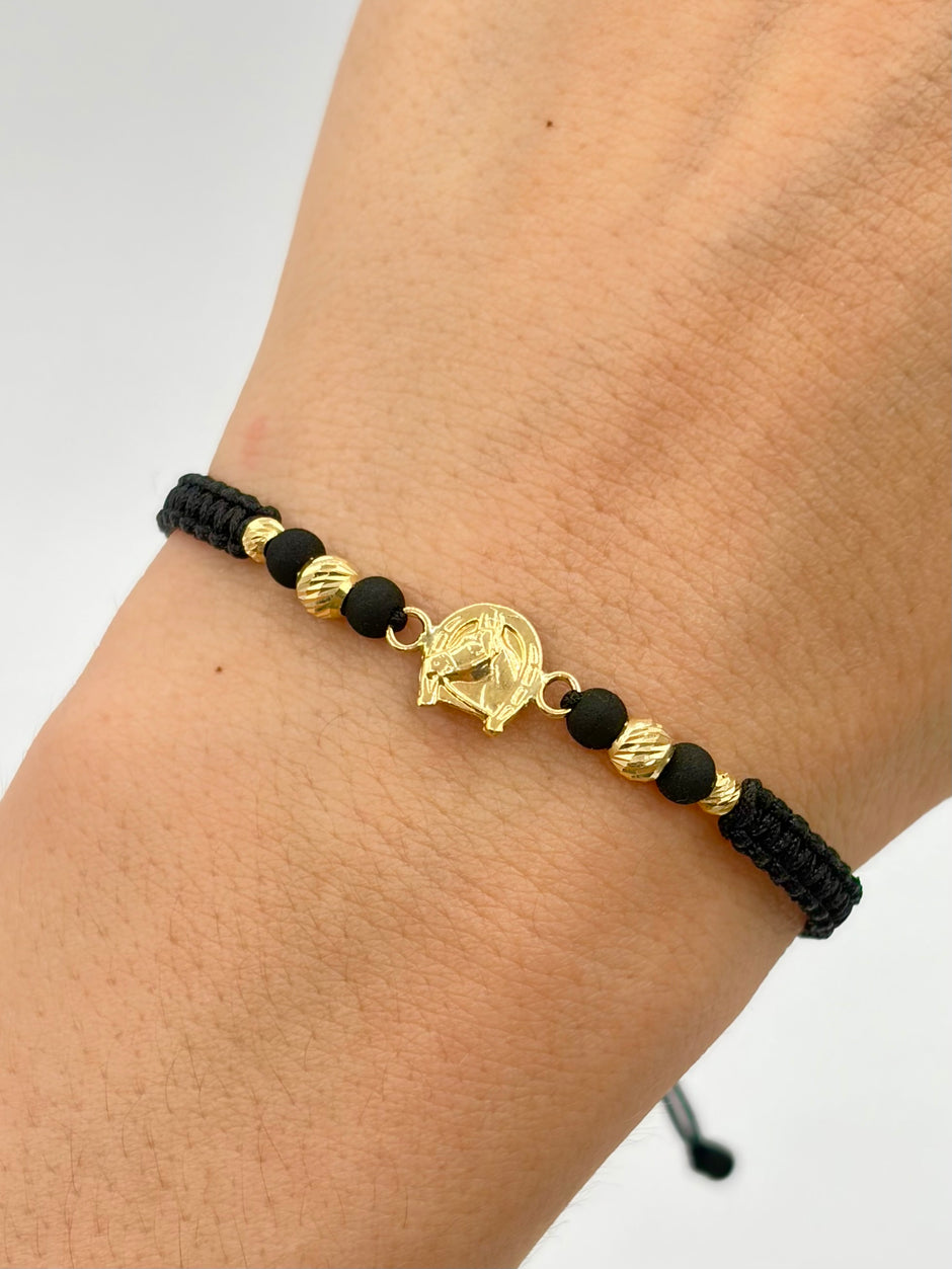 Pulsera tejida herraje herradura caballo 2BD #4 2BD #3 hilo negro  Oro amarillo 18k 0,65 Gr