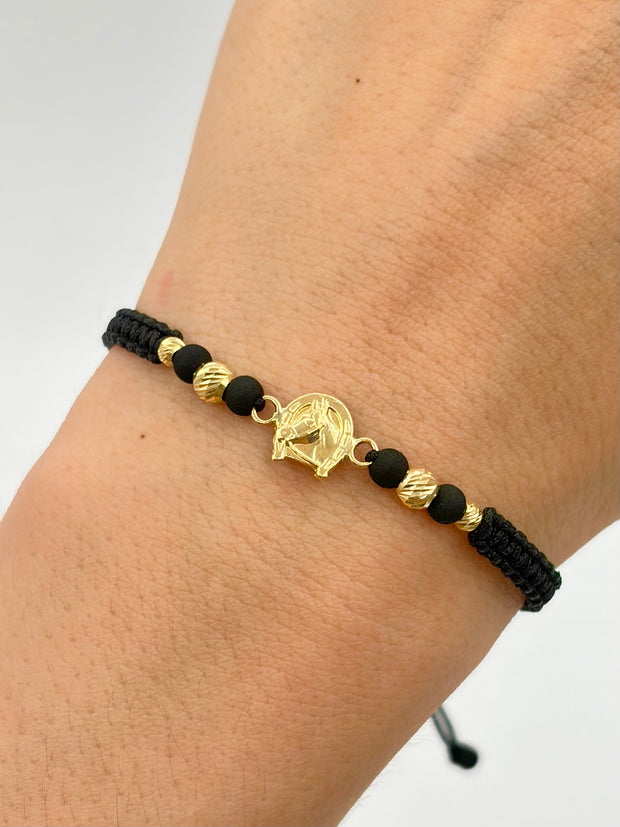 Pulsera tejida herraje herradura caballo 2BD #4 2BD #3 hilo negro  Oro amarillo 18k 0,65 Gr