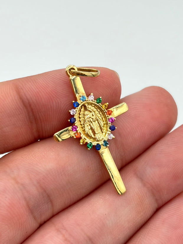 Dije cruz centro virgen circones de colores  Oro amarillo 18k 2,16 Gr / 3,5 Cm