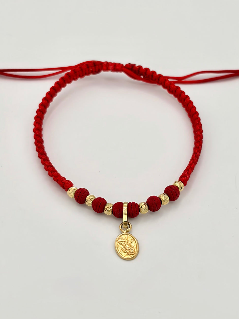 Pulsera tejida dije san miguel arcangel 6BD #3 hilo rojo Oro amarillo 18k 0,55 Gr