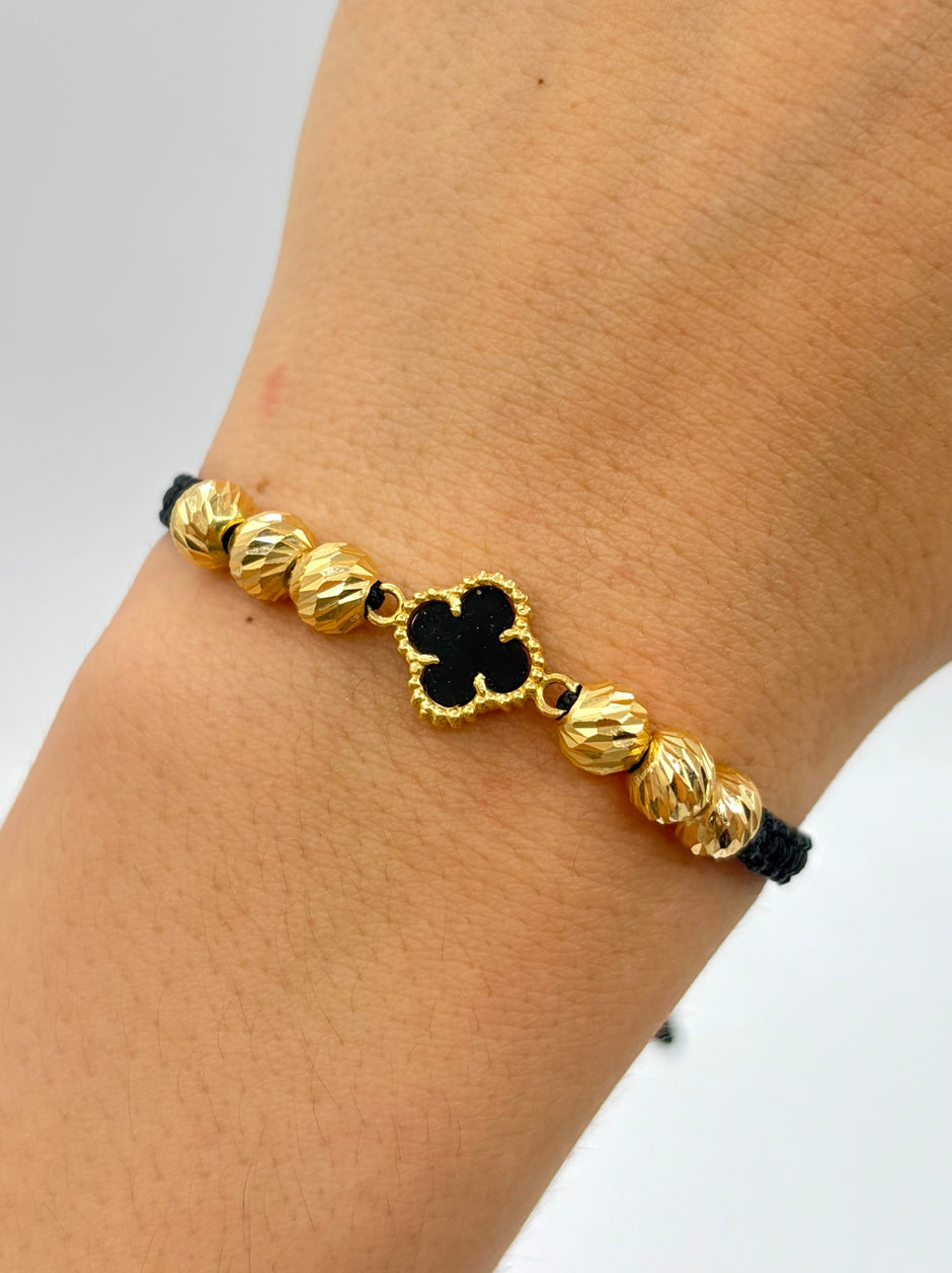 Pulsera tejida herraje trebol negro 6BD #6 hilo negro Oro amarillo 18k 2,50 Gr