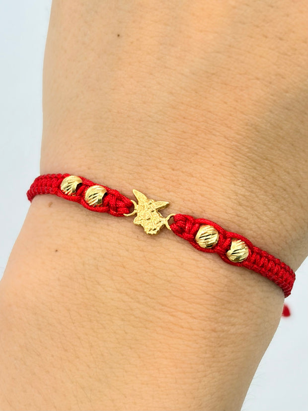 Pulsera tejida herraje san miguel arcangel 4BD #4 hilo rojo Oro amarillo 18k 0,50 Gr