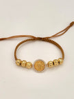 Pulsera tejida herraje san benito circones 6BD #7 hilo beige Oro amarillo 18k 3,57 Gr