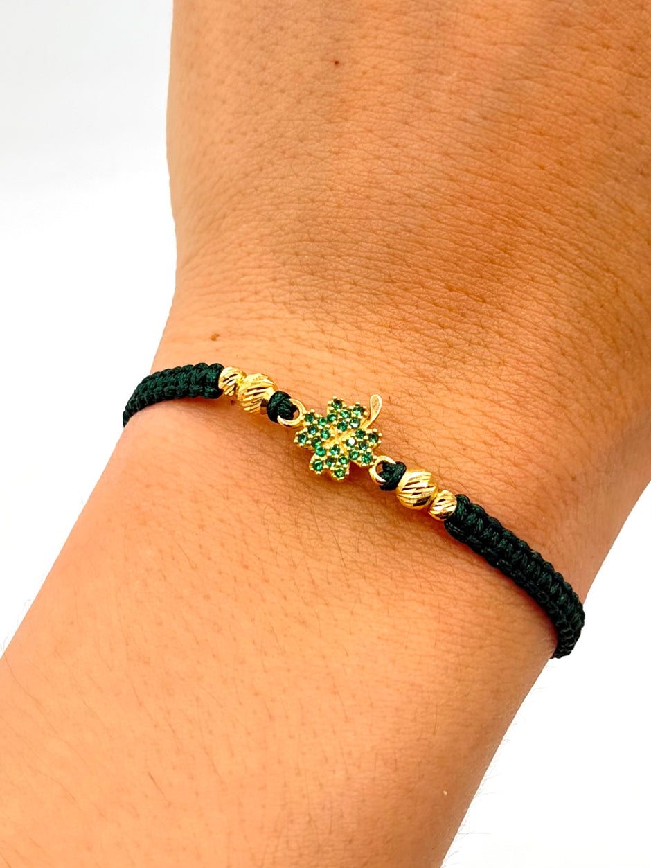 Pulsera tejida herraje trebol circones verdes BD3 2uni BD4 2uni hilo verde Oro amarillo 18k 0,90 Gr