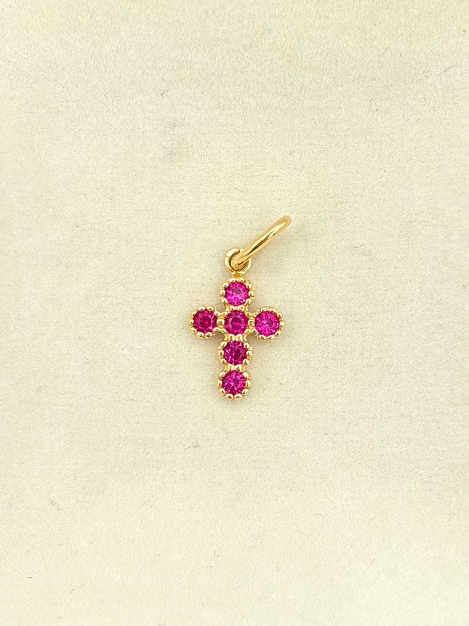 Dije cruz circones fucsia  Oro amarillo 18k 0,96 Gr / 2,0 Cm