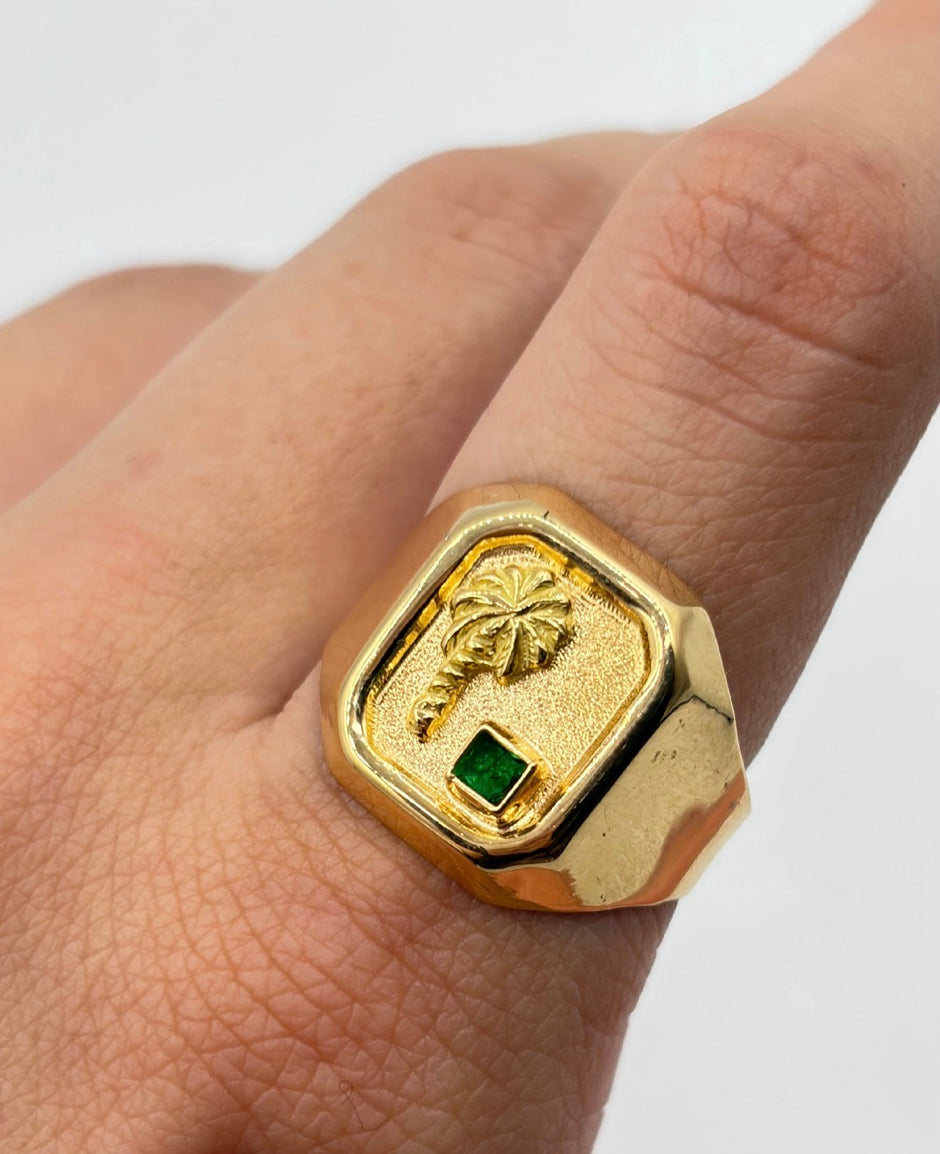 Anillo Troquelado palmera circon verde Oro amarillo 18k / Talla 9 / 3,55 Gr