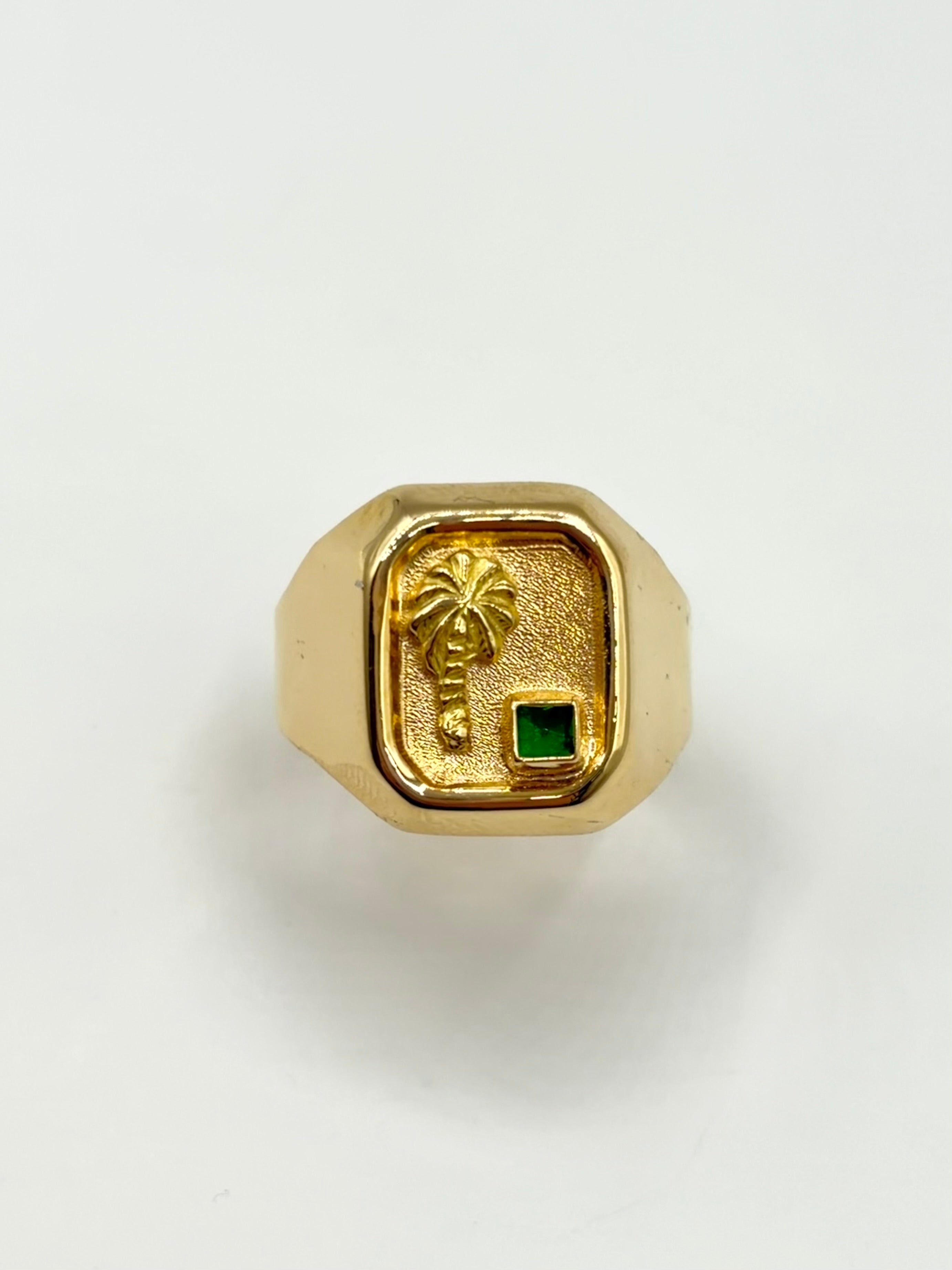 Anillo Troquelado palmera circon verde  Oro amarillo 18k / Talla 9/2 / 3,53 Gr