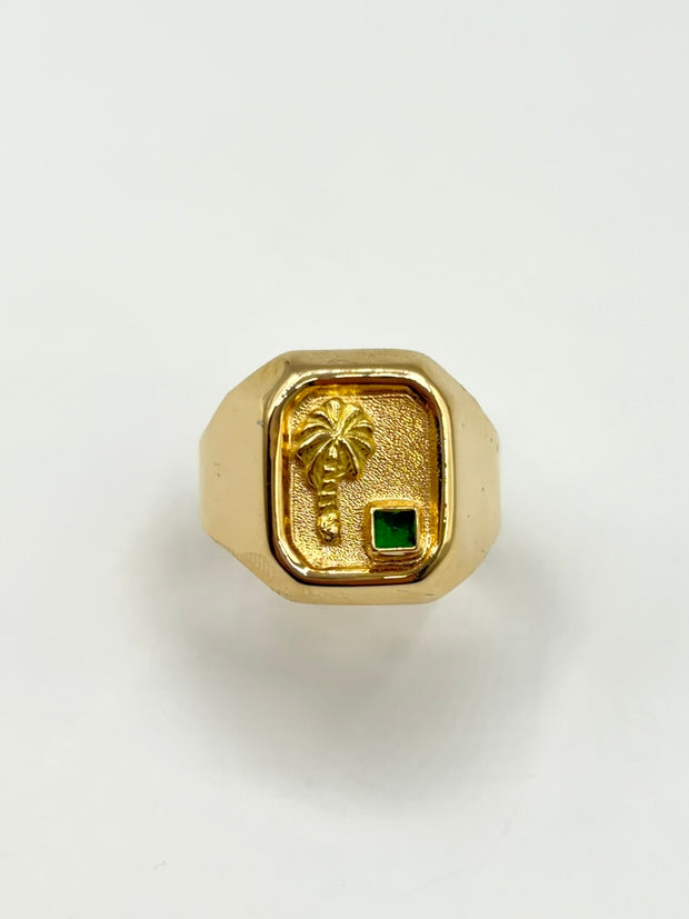 Anillo Troquelado palmera circon verde  Oro amarillo 18k / Talla 9/2 / 3,53 Gr