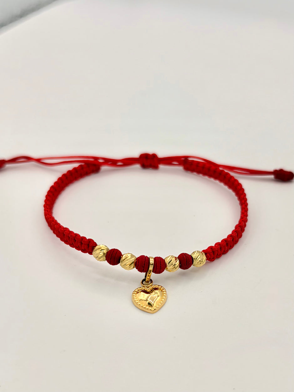 Pulsera tejida dije corazon 4BD #4 hilo rojo Oro amarillo 18k 0,60 Gr