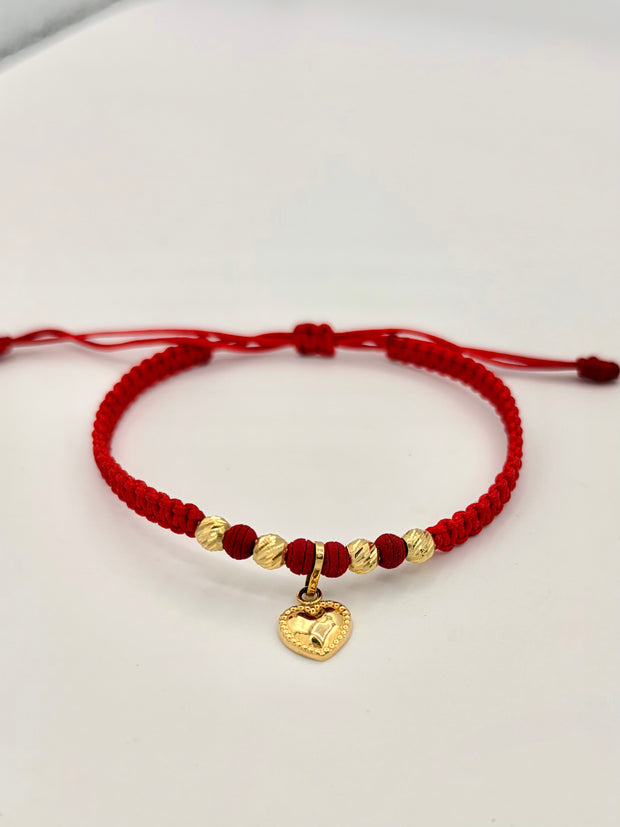Pulsera tejida dije corazon 4BD #4 hilo rojo Oro amarillo 18k 0,60 Gr